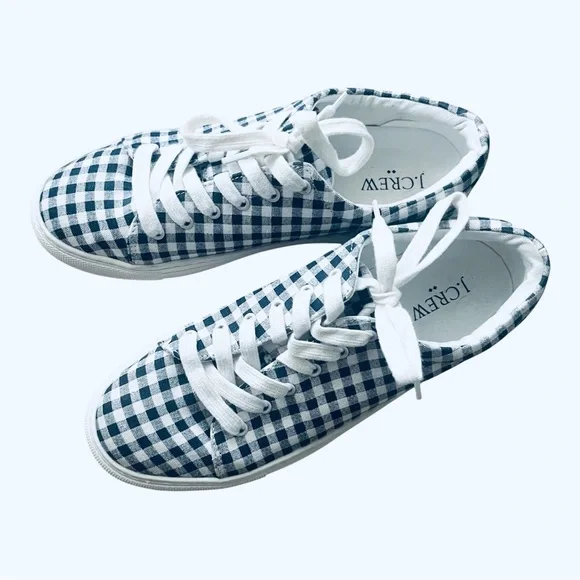 J.Crew casual walking Blue and White Gingham plaid canvas Sneakers Women’s 7.5 - Picture 3 of 16
